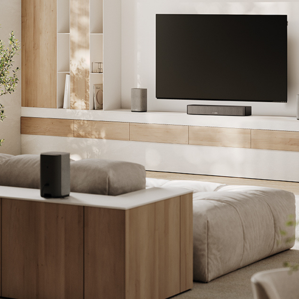 We. BOOST center speaker and We. BOOST in the living room