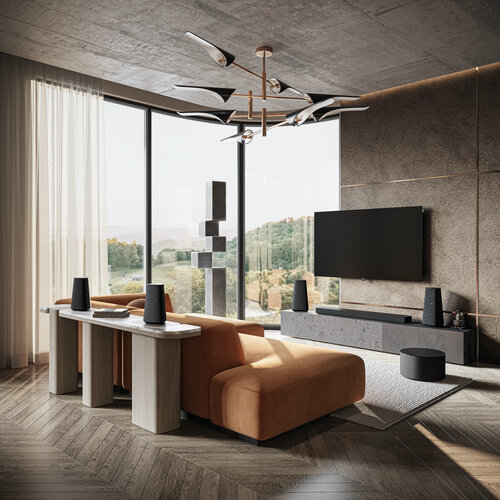 Loewe klang mr5 basalt grey – Multiroom setup in the living room with mr speakers, klang bar5, sub5 and Loewe TV