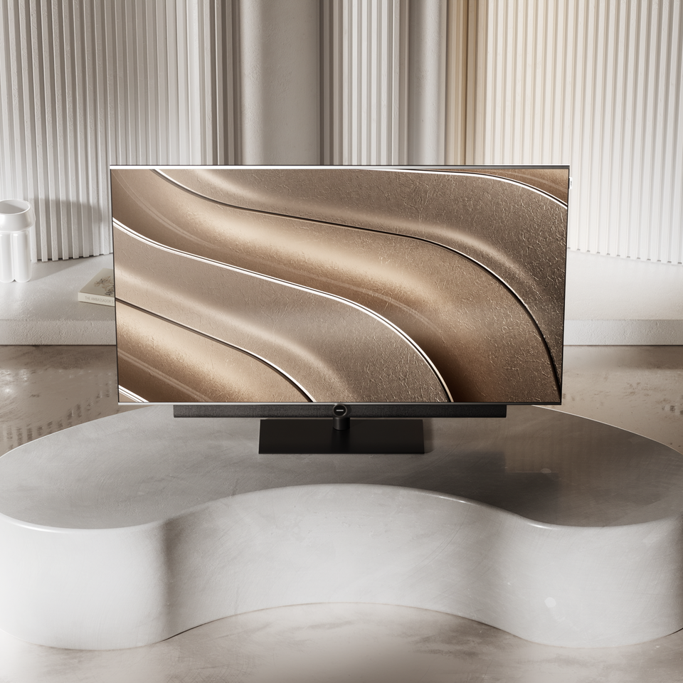 Loewe soundbar antares on the Loewe antares OLED Smart TV in a modern living room