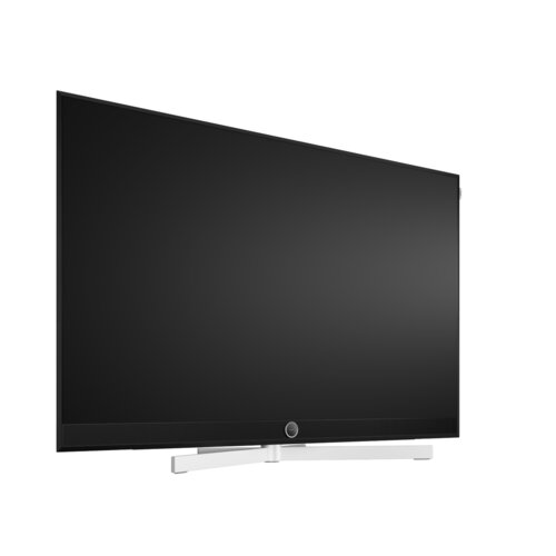 Loewe stellar 55 dr+ lava OLED TV schräg von vorne mit schwarzem Bildschirm groß – High-End Fernseher mit Lava-Design und OLED Display