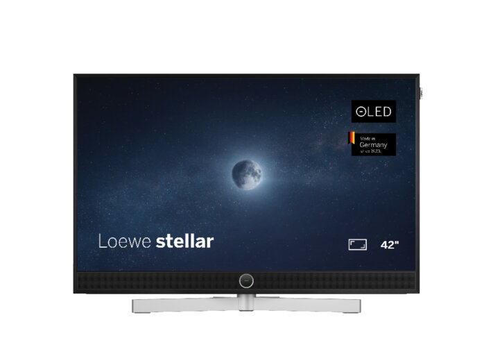 Loewe stellar 42 dr+ lava OLED TV Frontansicht Nahaufnahme – Premium Design Fernseher mit Beton-Lava Rückwand und schwarzem Aluminiumrahmen