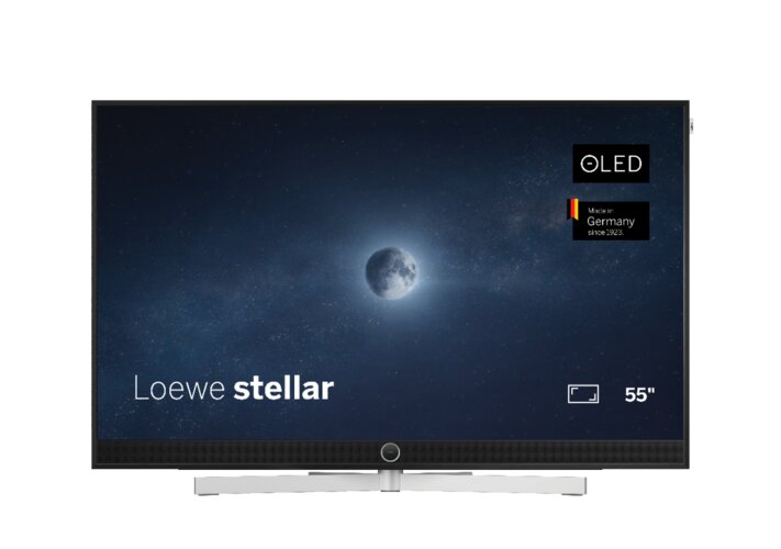 Loewe stellar 55 dr+ lava OLED TV Frontansicht mit schwarzem Bildschirm – Design Fernseher mit Beton- und Lavaoberfläche